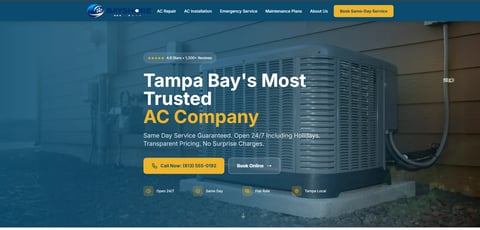 Tampa Bays Most Trusted AC Company website homepage featuring an outdoor air conditioning unit with blue overlay and service options
