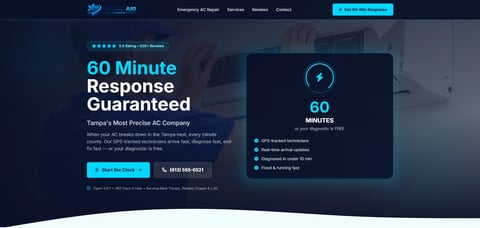 Website hero section advertising 60 minute AC repair response guarantee with blue branding and call-to-action button