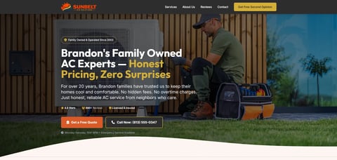 Technician servicing AC unit outdoors with toolbox for Brandons Family Owned AC Experts website